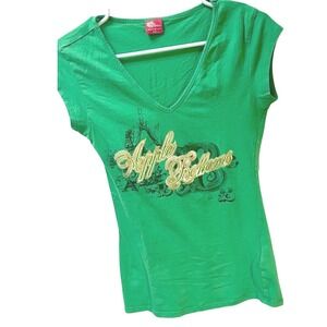 Apple Bottoms Womens Graphic Tee Green V Neck Baby Tee Vintage Y2K Size S